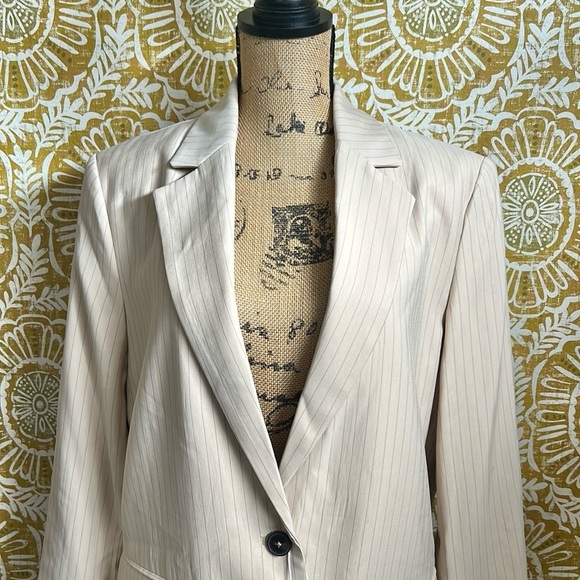NWT MNG Mango Pinstripe Long Sleeve Single-Breasted Suit Blazer in Beige size L - Picture 10 of 16